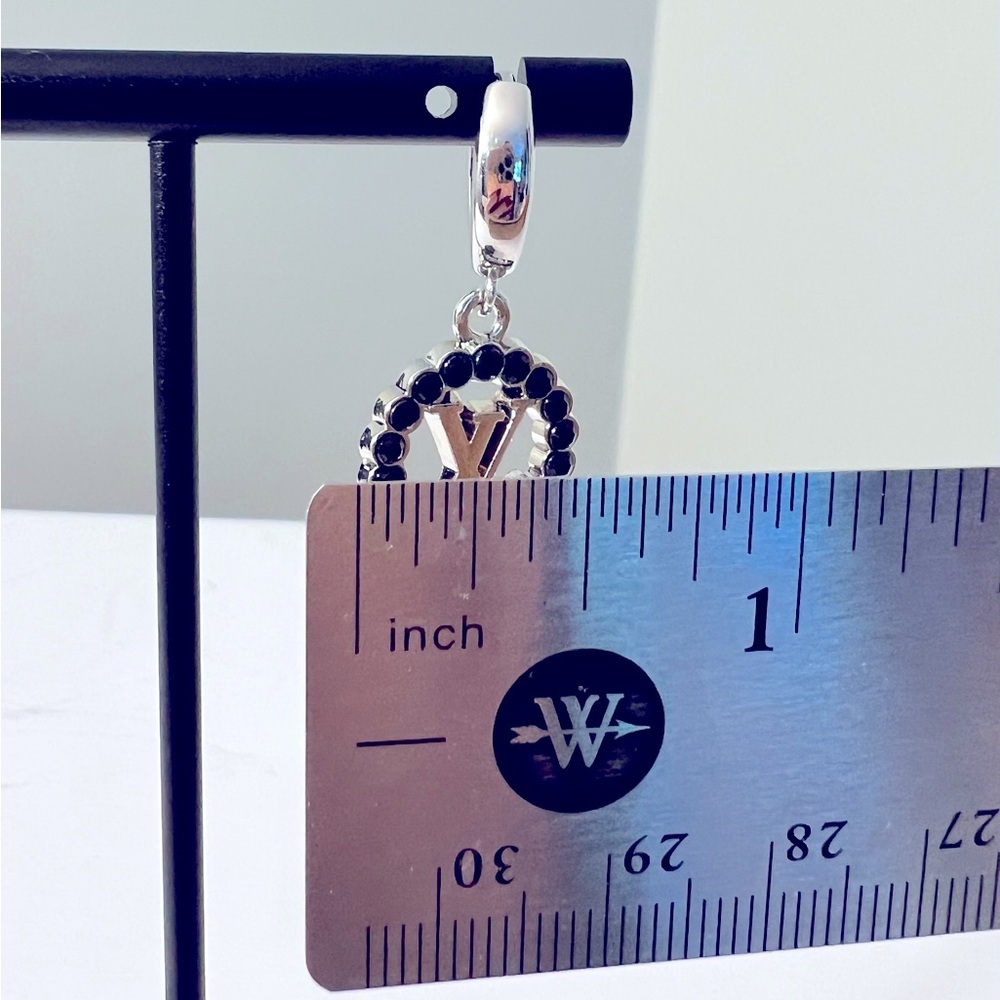 Silver and Black Crystal Dangle Charm Hoop Earrings - Picture 7 of 7